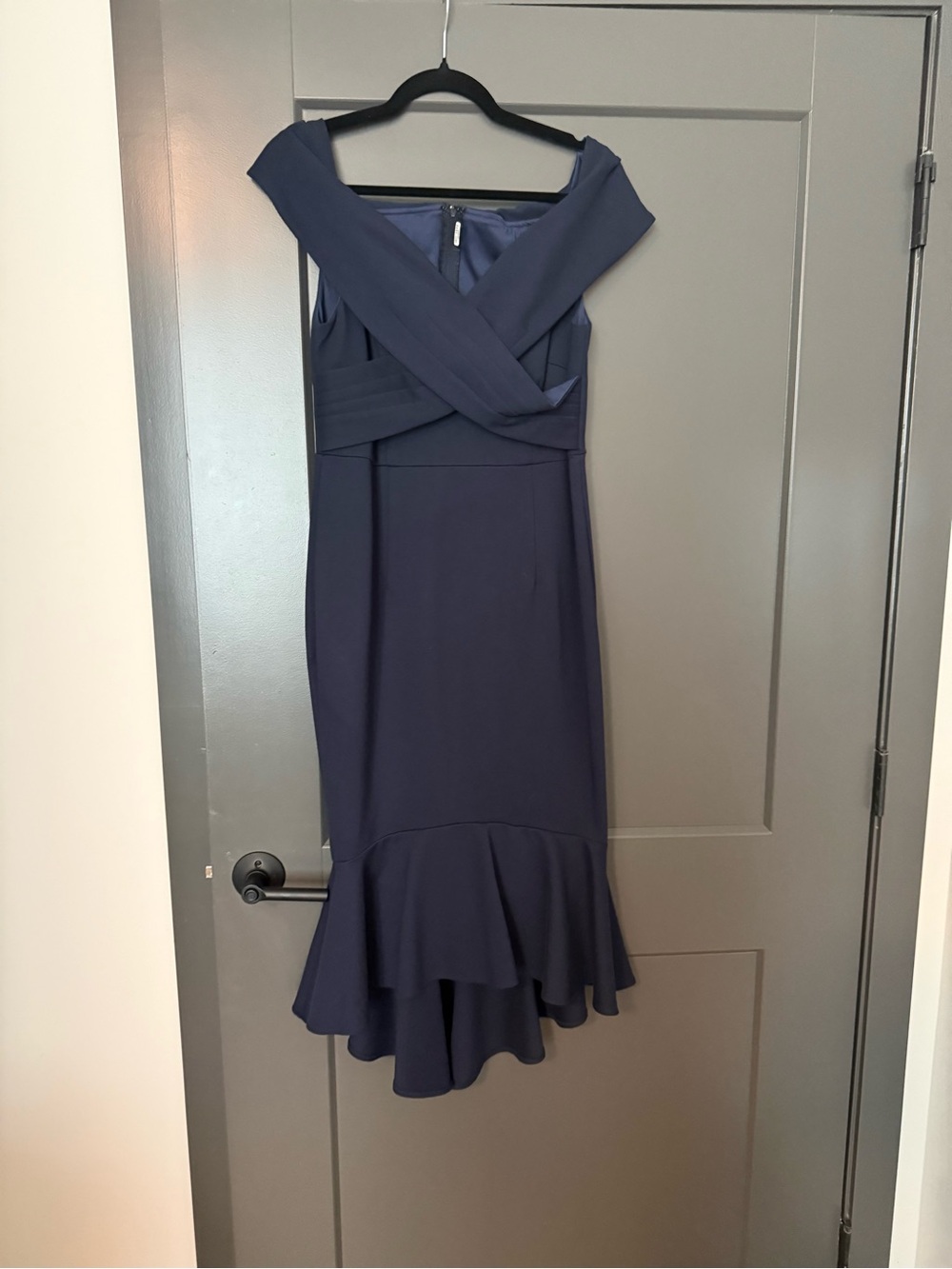 Brianne Off-Shoulder Navy Blue Ruffle Hem Dress